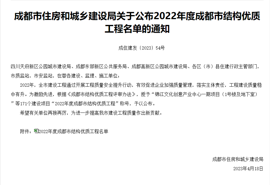 成(chéng)住建發(fā)〔2023〕54号-成(chéng)都(dōu)市住房和城鄉建設局關于公布2022年度成(chéng)都(dōu)市結構優質工程名單的通知